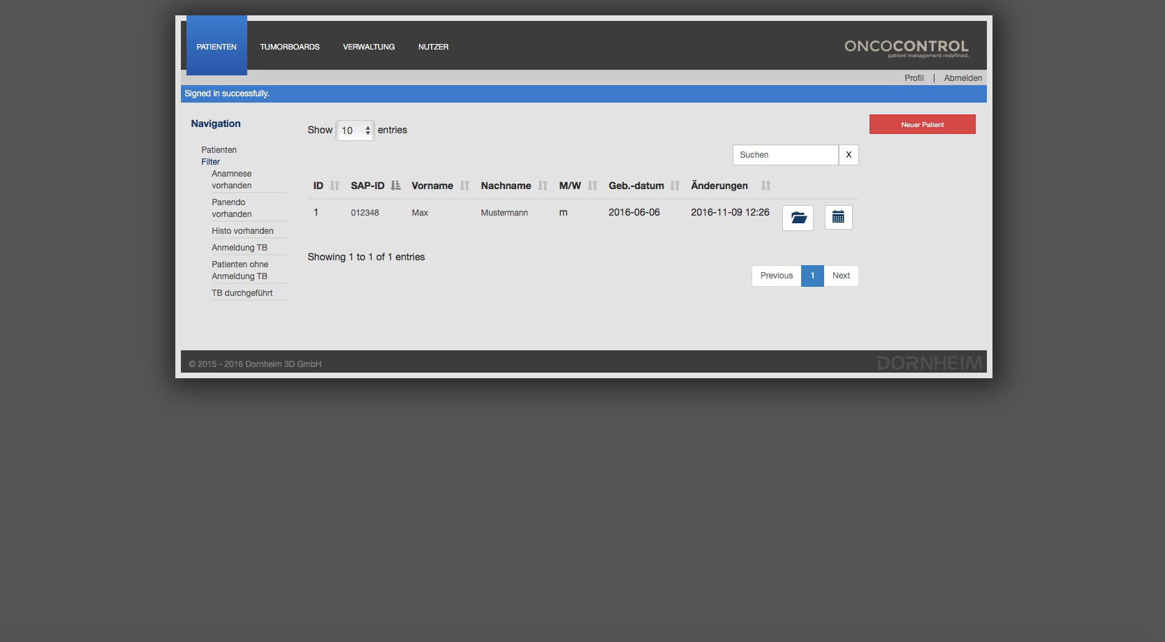 Webbasierte Patientenübersicht von OncoControl mit Tumorboard-Verwaltung