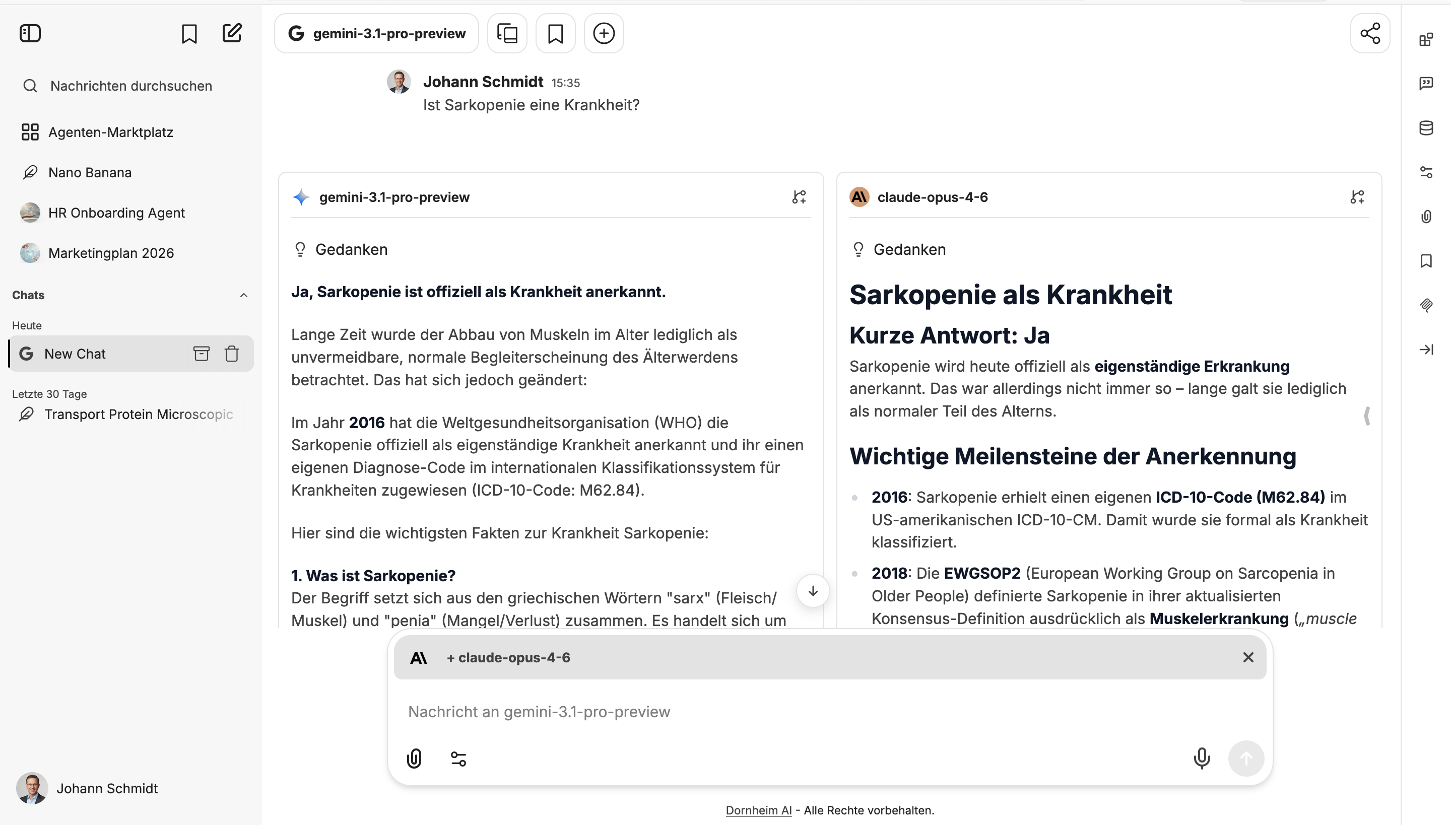 Dornheim AI Platform – zwei KI-Modelle beantworten dieselbe medizinische Frage nebeneinander