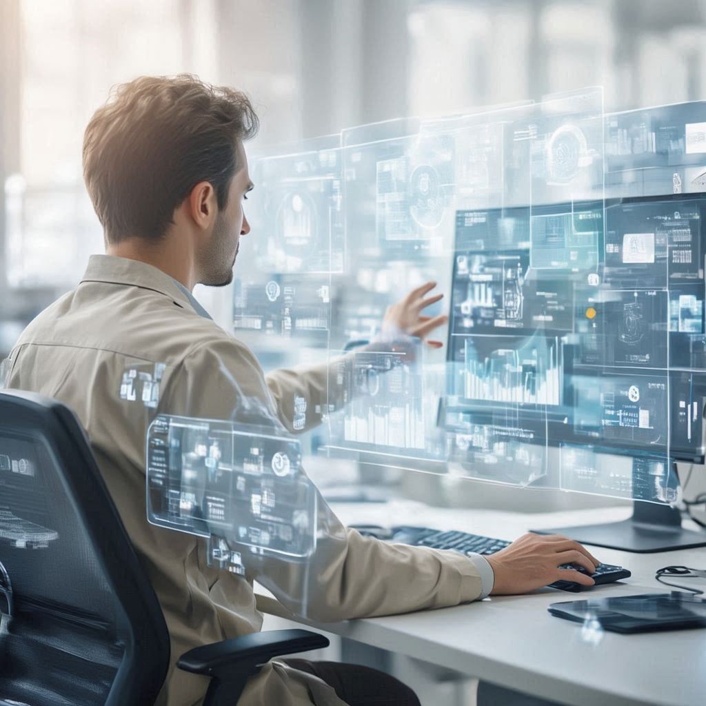 Softwareentwickler analysiert Daten an einem Arbeitsplatz mit mehreren Visualisierungen